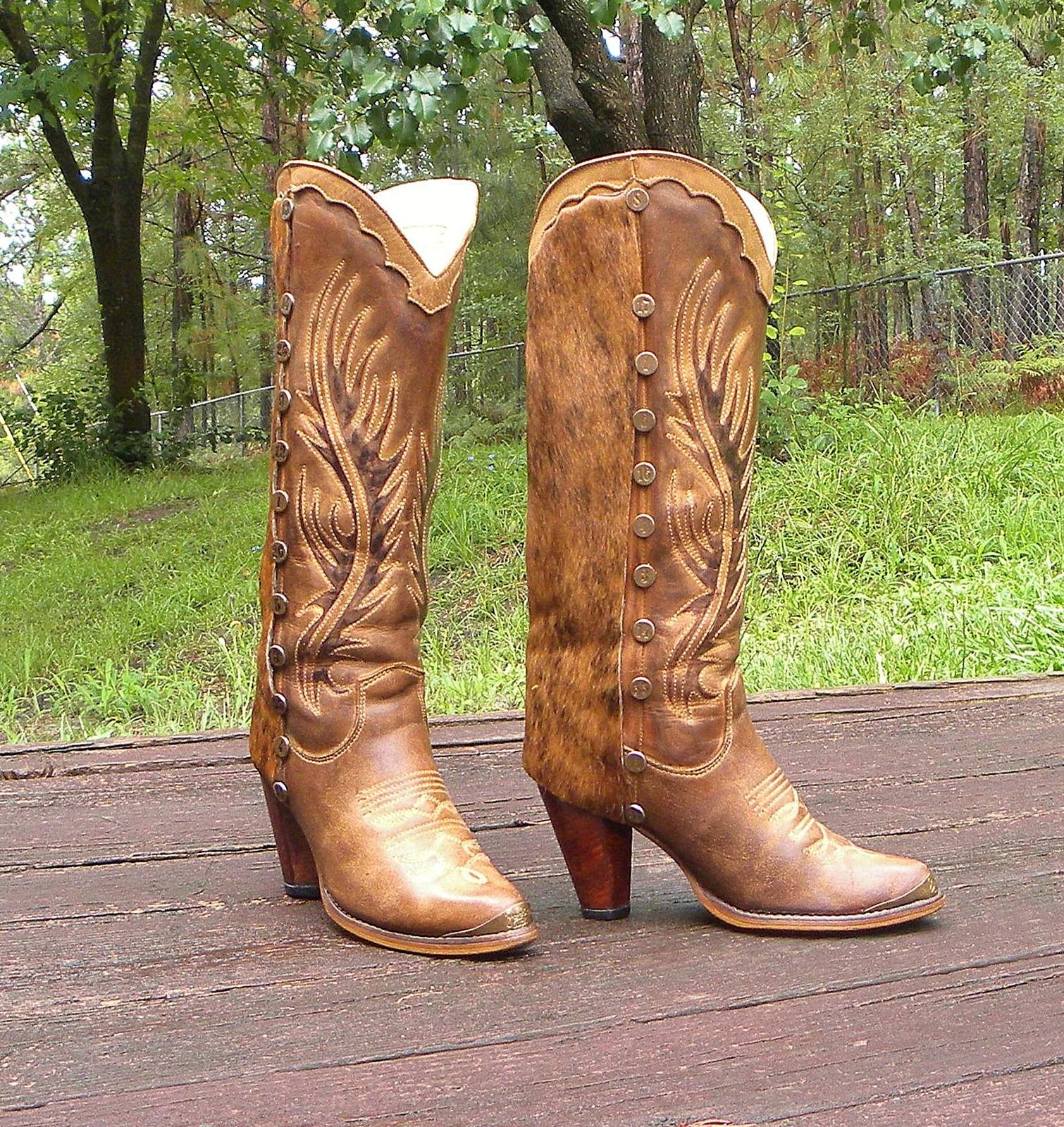 CUSTOM Zodiac USA 15&quot; Leather &amp; Cow Hair Western Boots- small Conchos wo... - $165.00