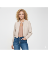 Chaqueta corta de cuero hecha a mano de piel de cordero crema para mujer... - $205.64 CAD+