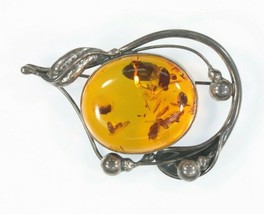 Vintage Sterling Silver Amber and Flower Brooch Pin 24.1g - £337.30 GBP