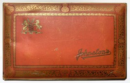Vintage Johnston&#39;s Chocolate Advertising Tin Candy Box Top Hinged Lid Orange Red - £11.83 GBP