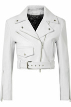 Handmade Women&#39;s Genuine Lambskin Leather Jacket Elegant White Biker Mot... - £84.29 GBP
