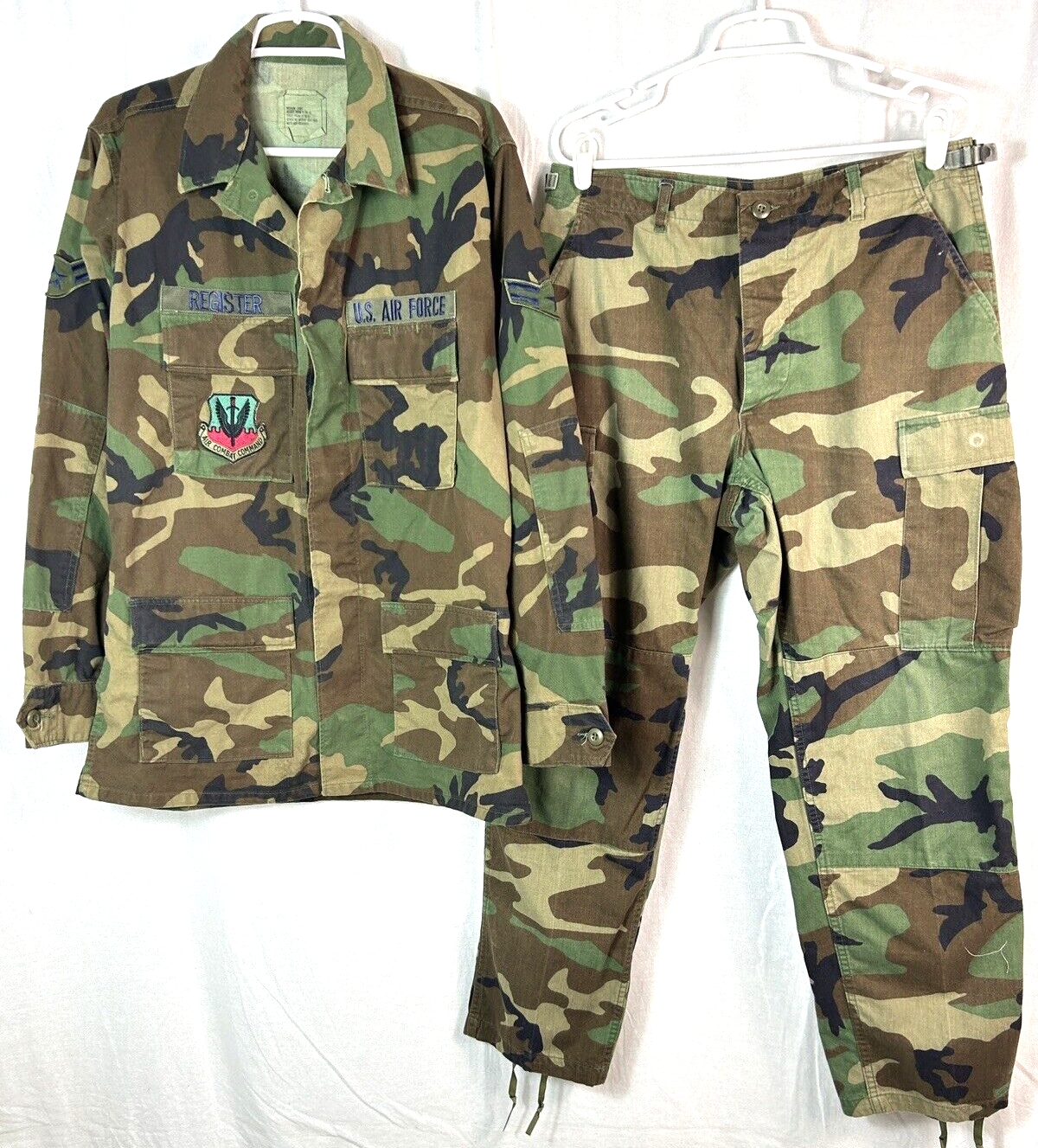 Vintage 90s USGI Woodland Camo Combat Shirt Coat &amp; Trouser Set w/ Patche... - $34.65