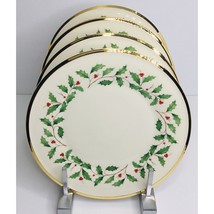 Salad Plates Lenox HOLIDAY Dimension  Holly Berry Gold Trim New - $51.95