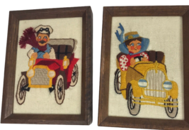 VTG Needlework Embroidery Framed Jiffy Stitchery Automobiles Off to Races Social - $29.65