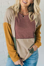 Light French Beige Exposed Seam Colorblock Knit Long Sleeve Top - £15.02 GBP+