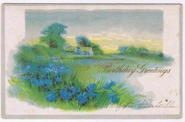 Birthday Postcard Greetings Blue Flowers House By River Crow Raven on Back - £2.37 GBP