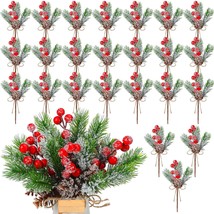 White Red Berry Stems Artificial Pine Branches With Snowflakes Flocked Holly - £27.32 GBP