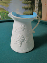 White Frosted Glass Ruffled Border Blue Glass Grape Design  Pitcher Jug ... - $94.05
