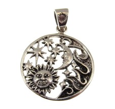 Solid 925 Sterling Silver Sun, Crescent Moon, &amp; Stars Celestial Waves Pendant - £28.21 GBP
