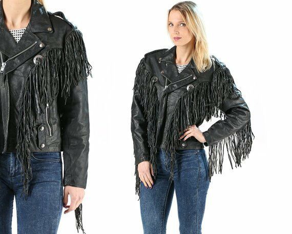 Women's Black Color Western Fringed Style Concho Genuine Cowhide Leather Jacket