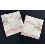 2 Floral HIS &amp; HERS Embordered Linen Pillow Cases - Decorative Scalloped... - $292.79 MXN