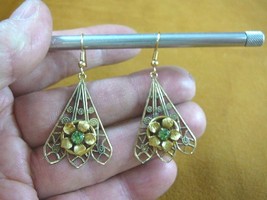 (EE-792-14) filigree fan brass + flower green rhinestone centers dangle earrings - £13.15 GBP