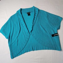 New Directions Women Cardigan Size L Blue Preppy Teal Petite Open Short Sleeves - £13.63 GBP