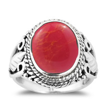 Vintage Inspired Round Red Coral Leaf Accent Sterling Silver Ring – 8 - £18.34 GBP