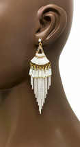 3.75&quot; Long White Glass Clear Rhinestone Fringe Bohemian Inspired Casual Earrings - £13.29 GBP