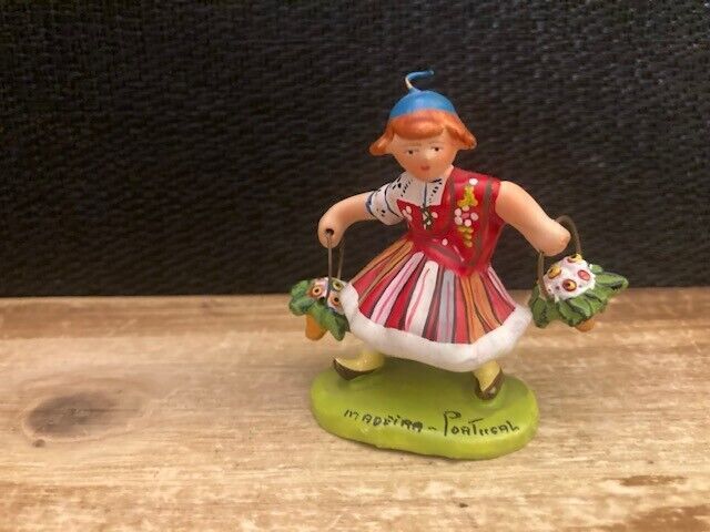 VINTAGE CERAMIC MINI FIGURINE FROM PORTUGAL GIRL CARRYING BASKET 2.5&#39;&#39; TALL - $9.90