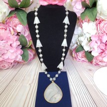 Vintage Carved Etched Aztec Teardrop Pendant White Agate Beaded Necklace - $34.95