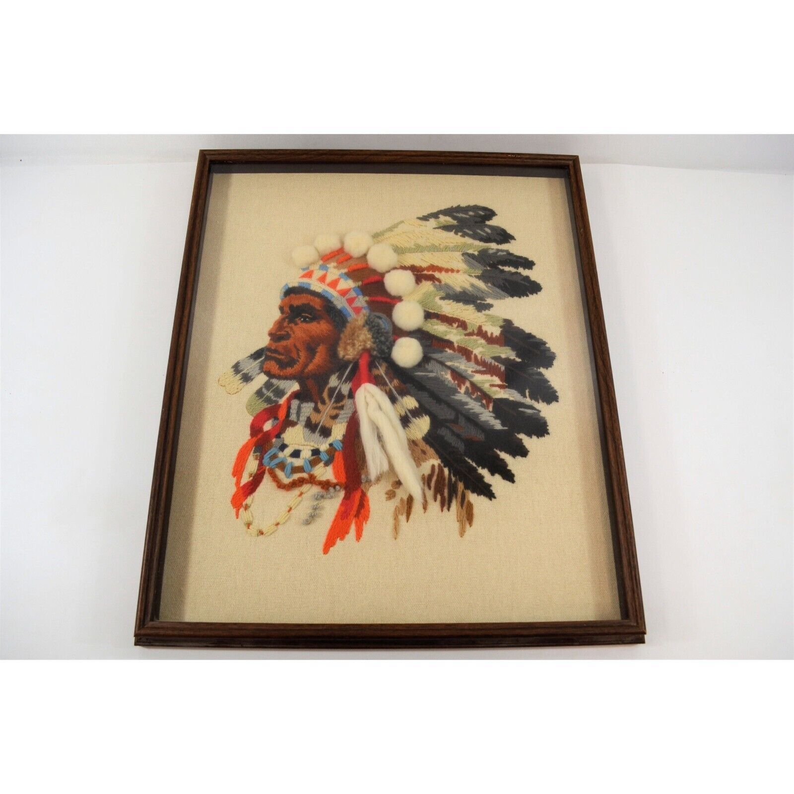 Native American Chief Crewel Embroidery 1970s Vintage Kit Complete Framed - £113.71 GBP