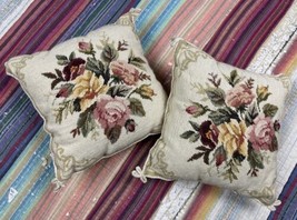 Pair Vtg Needlepoint Cream Wool Floral Pillows Velvet Back Zipper Covers Roses - £70.03 GBP