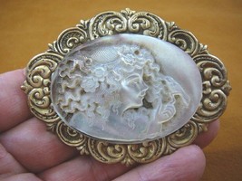 (C-1405) Girl curly hair carved Paua M of Pearl shell CAMEO brass Pin pe... - £97.38 GBP