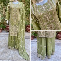 Pakistani Green Straight Style Embroidered Sequins Chiffon Sharara Dress,M - £109.02 GBP