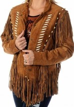 Women&#39;s Brown Color Bone Beaded Fringes Western Style Suede Real Leather Jacket - £131.92 GBP