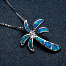 Luxury 925 Sterling Silver Blue Opal Coconut Tree Pendant Necklace - FAST SHIP! - £17.63 GBP