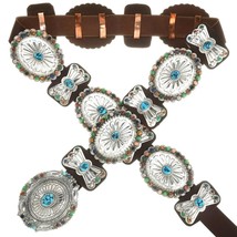 Native Navajo Turquoise Multi-Gem Concho Belt Stamped Sterling Silver LRG - £2,687.27 GBP