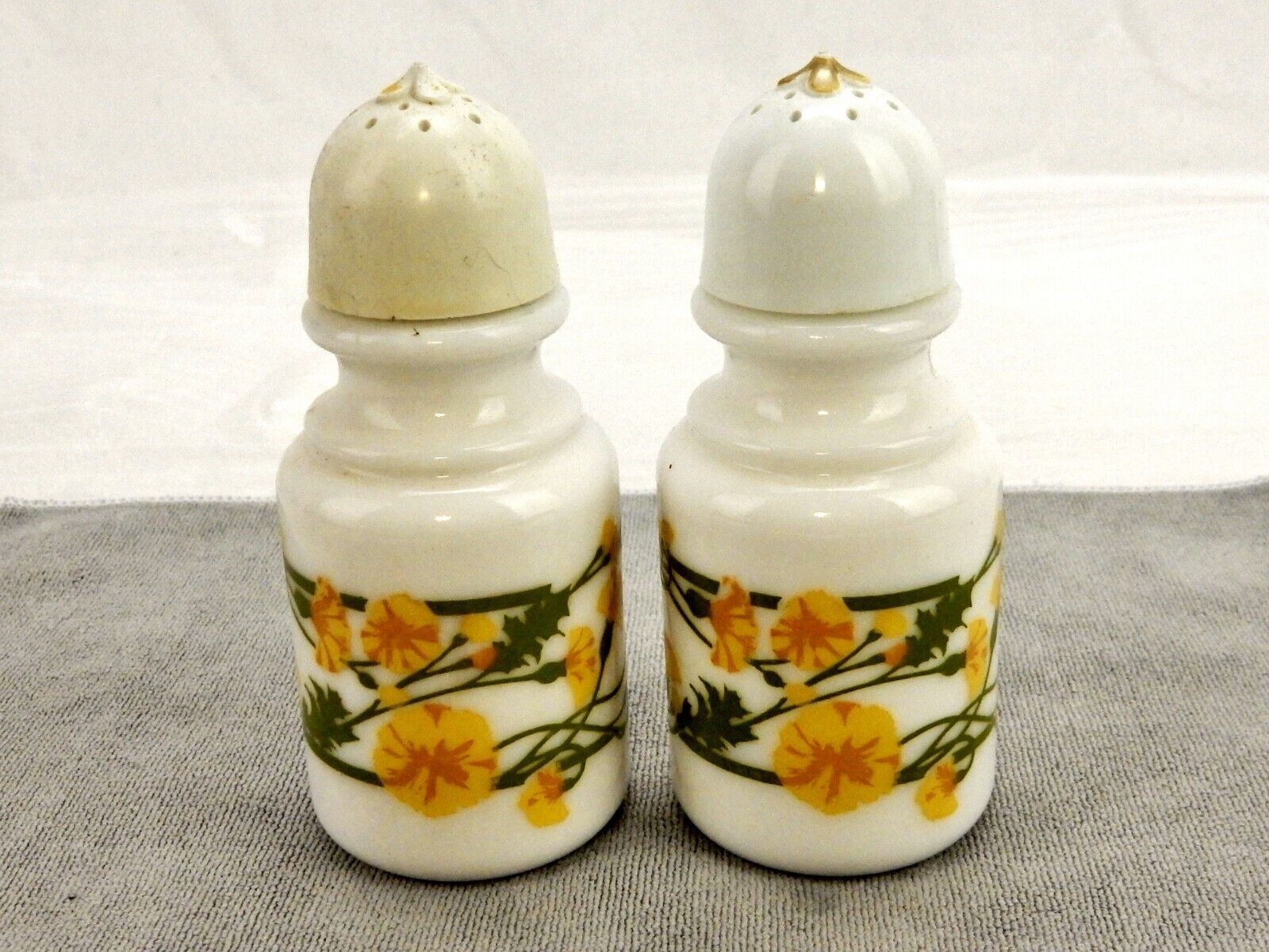 Milk Glass Salt & Pepper Shakers, Yellow Flowers, Vintage Avon Bath Oil Bottles - £11.66 GBP