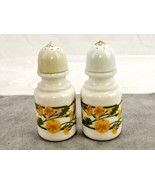 Milk Glass Salt &amp; Pepper Shakers, Yellow Flowers, Vintage Avon Bath Oil ... - $14.65
