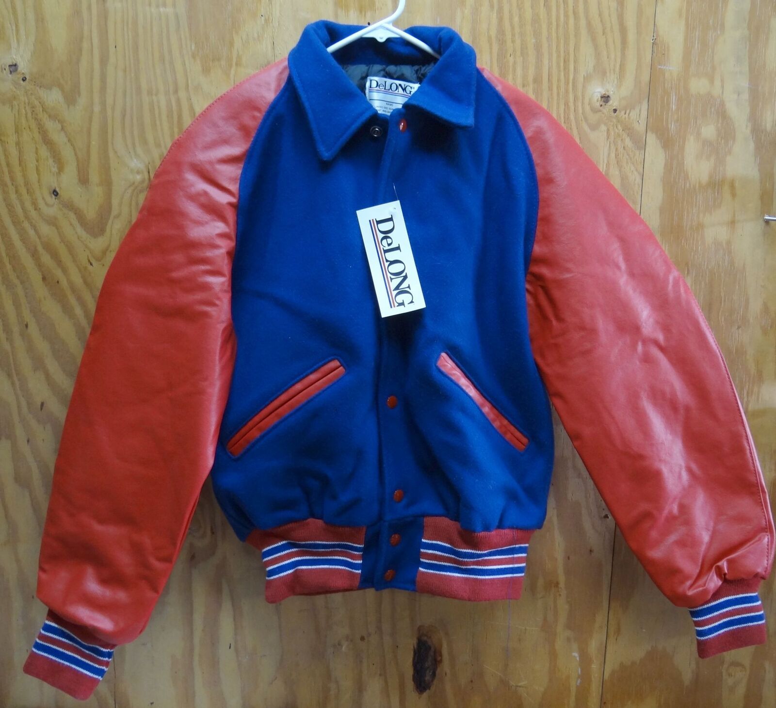 Primary image for DELONG VARSITY LETTERMAN'S JACKET ROYAL BLUE & RED  - MADE IN USA - SMALL