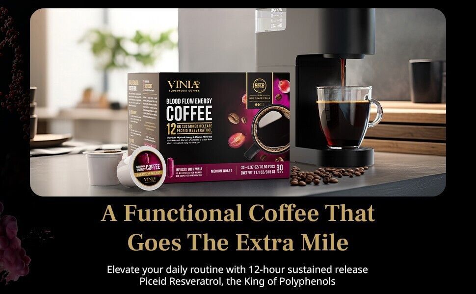 VINIA Blood Flow Coffee DECAF - Medium Roast Superfood Coffee Pods, Box of 30