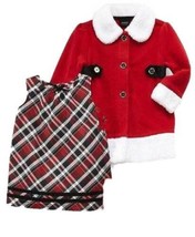 Girls Dress &amp; Coat Christmas Red Plaid White Fx Fur Holiday Set Toddler-... - $19.80