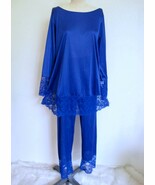 Vintage Gilead Silky Nylon Pajama Lounge Set M Wide Lace Trim Royal Blue... - $61.70 CAD