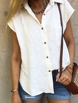 Cotton Linen Blouse Women Shirt Short Sleeve Button Up Blouse Lapel Office White - £41.79 GBP