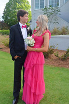 Hot Pink Long Prom Dresses A-line Tulle Tiered Formal Gown - £131.09 GBP