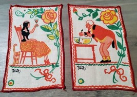 Vintage Lot 2 Signed Tony Sarg Linen Cocktail Napkins Man Woman Flower Cat 5x7 - £93.26 GBP