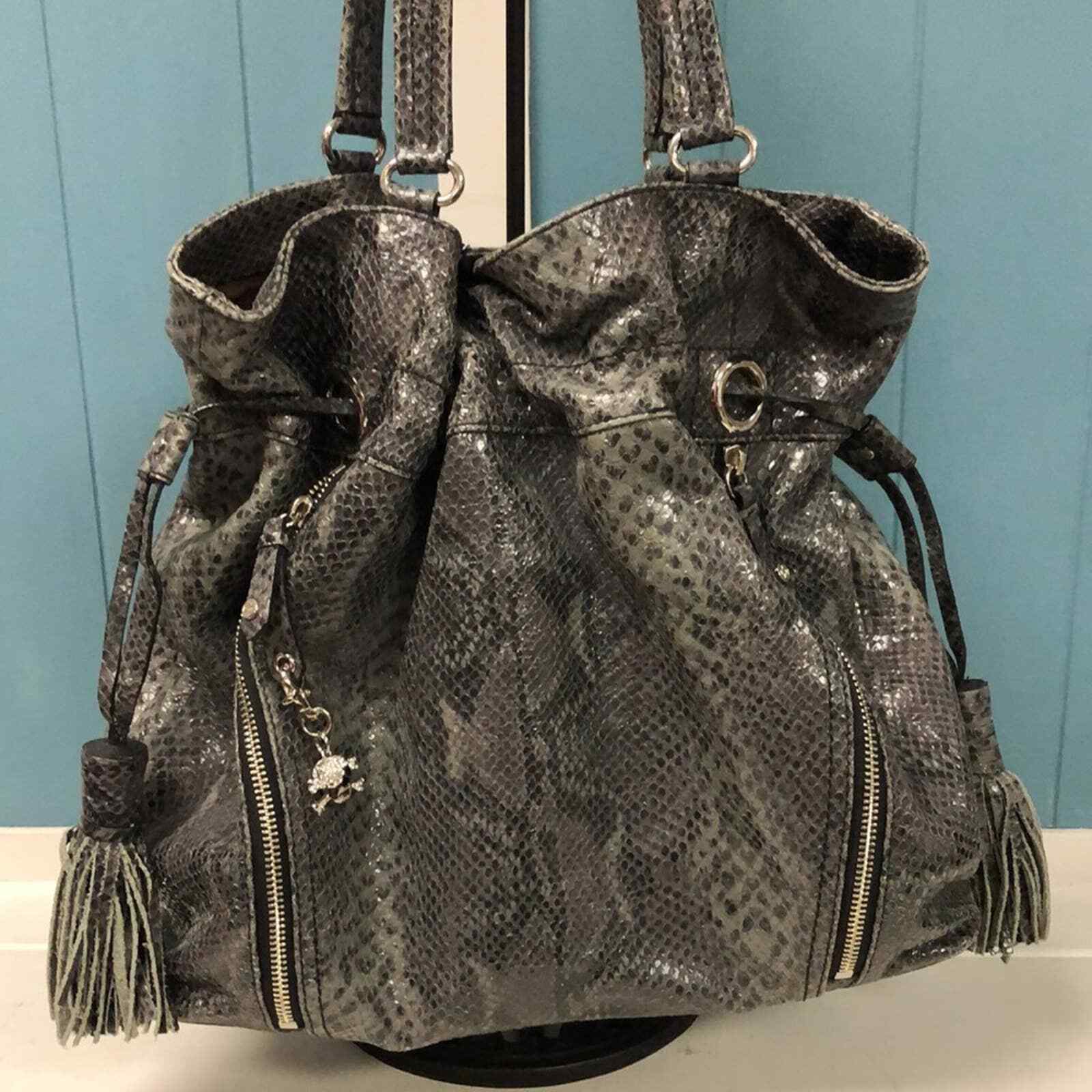 Vintage Cole Haan Limited Edition Drawstring Bag gray snake print tote p... - $107.22