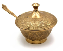 Traditional Engraved Boat with Spoon Incense Storage Case Bowl Brass Lid... - $28.71