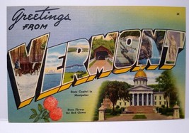 Greetings From Vermont Large Big Letter Linen Postcard Unused Red Clover Flowers - £7.70 GBP