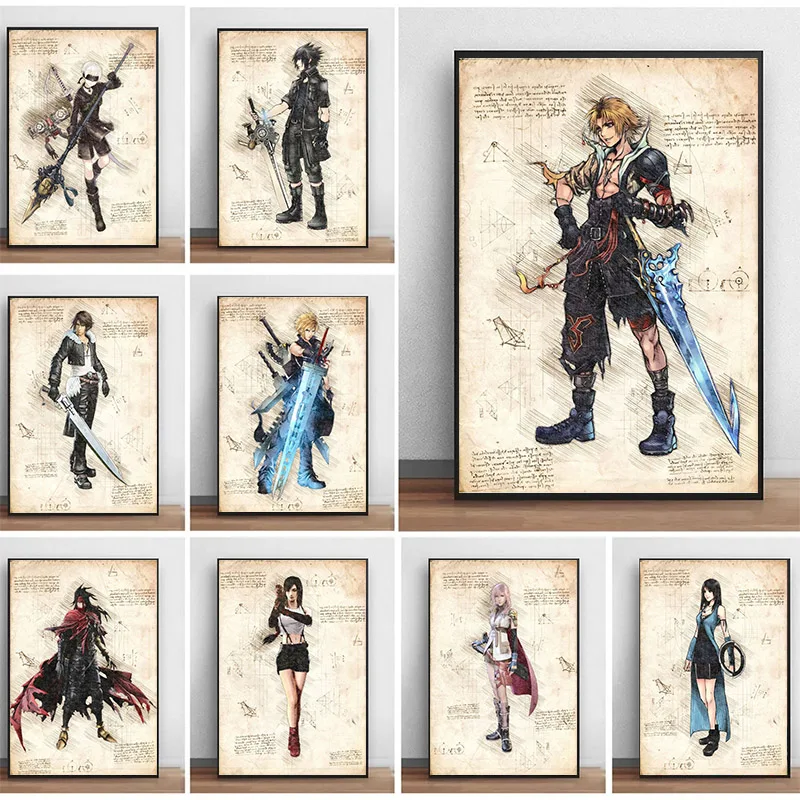 Vintage Anime Figure Sketch Videogames FINAL FANTASY Poster Print Canvas - £7.66 GBP+