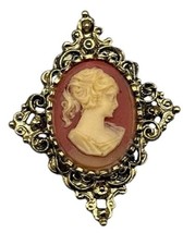 Vintage Gerry&#39;s Cameo Brooch Pin Pendant Gold Tone 2&quot; x 1.5&quot; Ponytail Woman Girl - £11.03 GBP