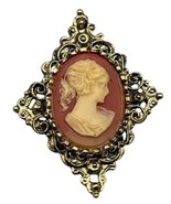 Vintage Gerry&#39;s Cameo Brooch Pin Pendant Gold Tone 2&quot; x 1.5&quot; Ponytail Wo... - £11.07 GBP