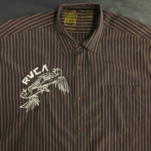 Primary image for RVCA" Embroidered Mens XL Brown Striped Button Front Short Sleeve Cotton Shirt