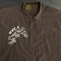 RVCA&quot; Embroidered Mens XL Brown Striped Button Front Short Sleeve Cotton Shirt - £11.08 GBP