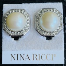 Vintage Nina Ricci Faux Pearl Rhinestones Modernist Silver Tone Clip On Earrings - £59.68 GBP