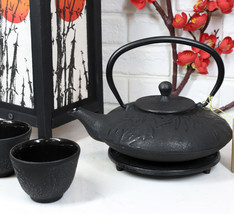 Ebros Japanese Forest Black Heavy Cast Iron Tea Pot Set With Trivet and Cups Set - £40.08 GBP