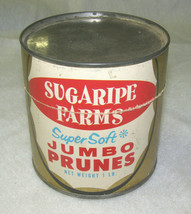 VINTAGE SUGARIPE FARMS ADVERTISING FOOD TIN CANISTER “JUMBO PRUNES”-1 LB... - $4.95