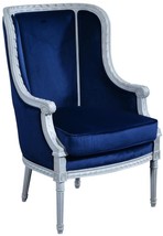 Bergere Chair Louis XVI French Hand-Carved Venetian White Wood Blue Velvet - £1,437.85 GBP