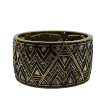 Vtg brass tone clear rhinestone geometric pattern stretch thick bangle bracelet - £11.93 GBP